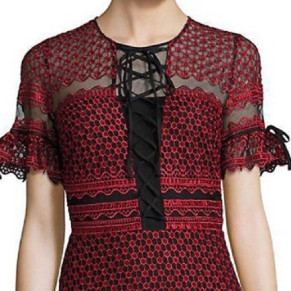 Parker Emilia Ruffled Lace Dress Cranberry Red Black Size XS